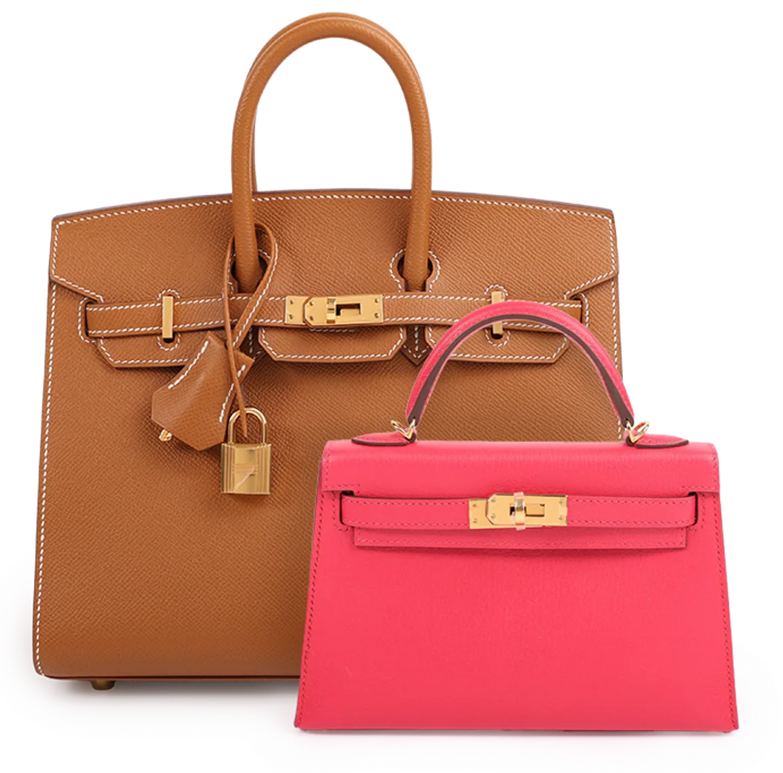 Stack of Hermès Birkin handbags in tan and red